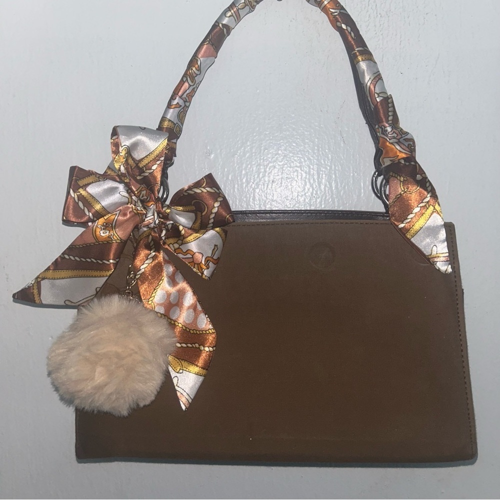 Twilly Silk Handbag Headband Neck Tie Scarf Cream Brown Orange